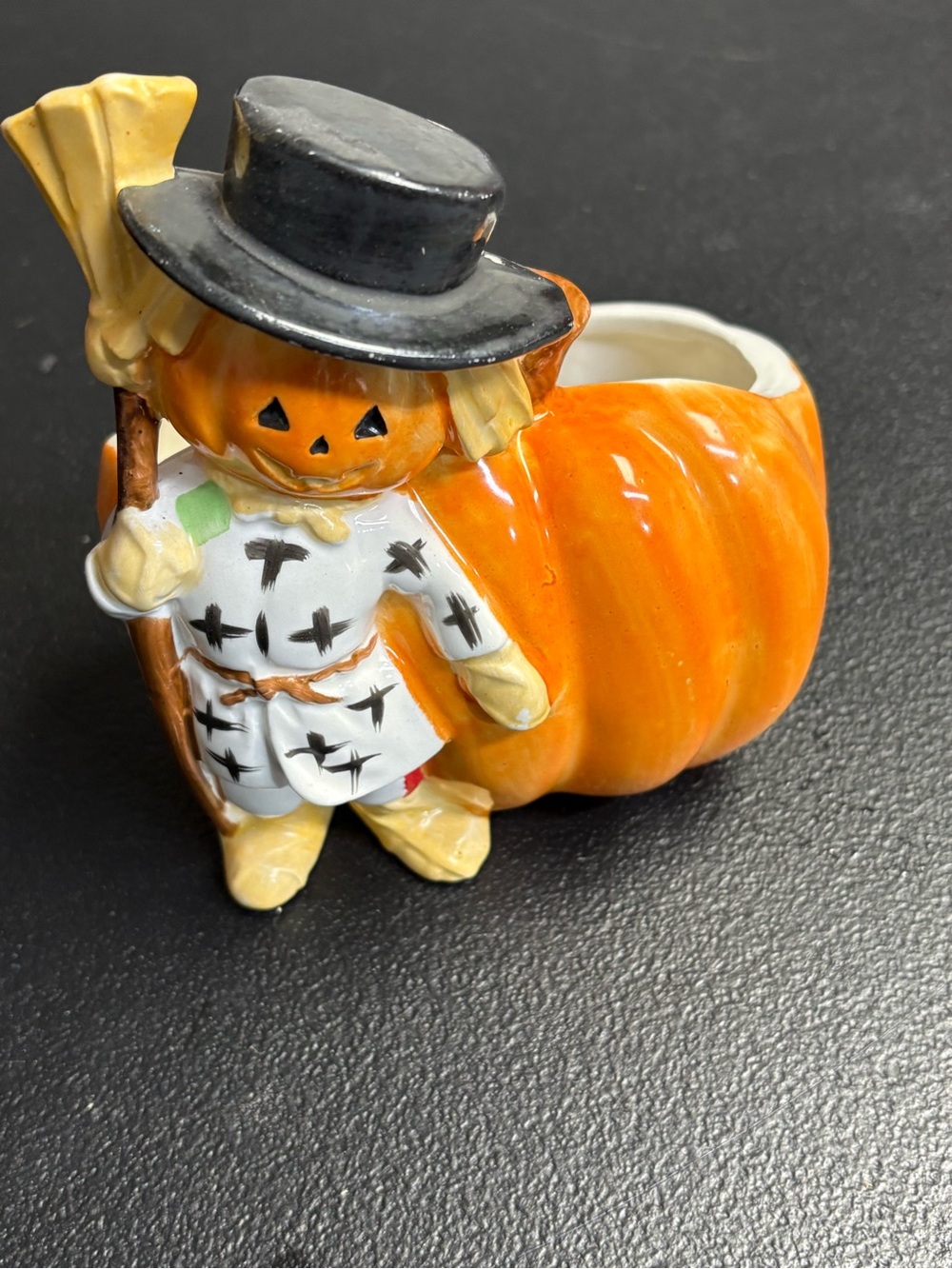 Vintage Pumpkin Scarecrow Ceramic Planter - Orange & Black